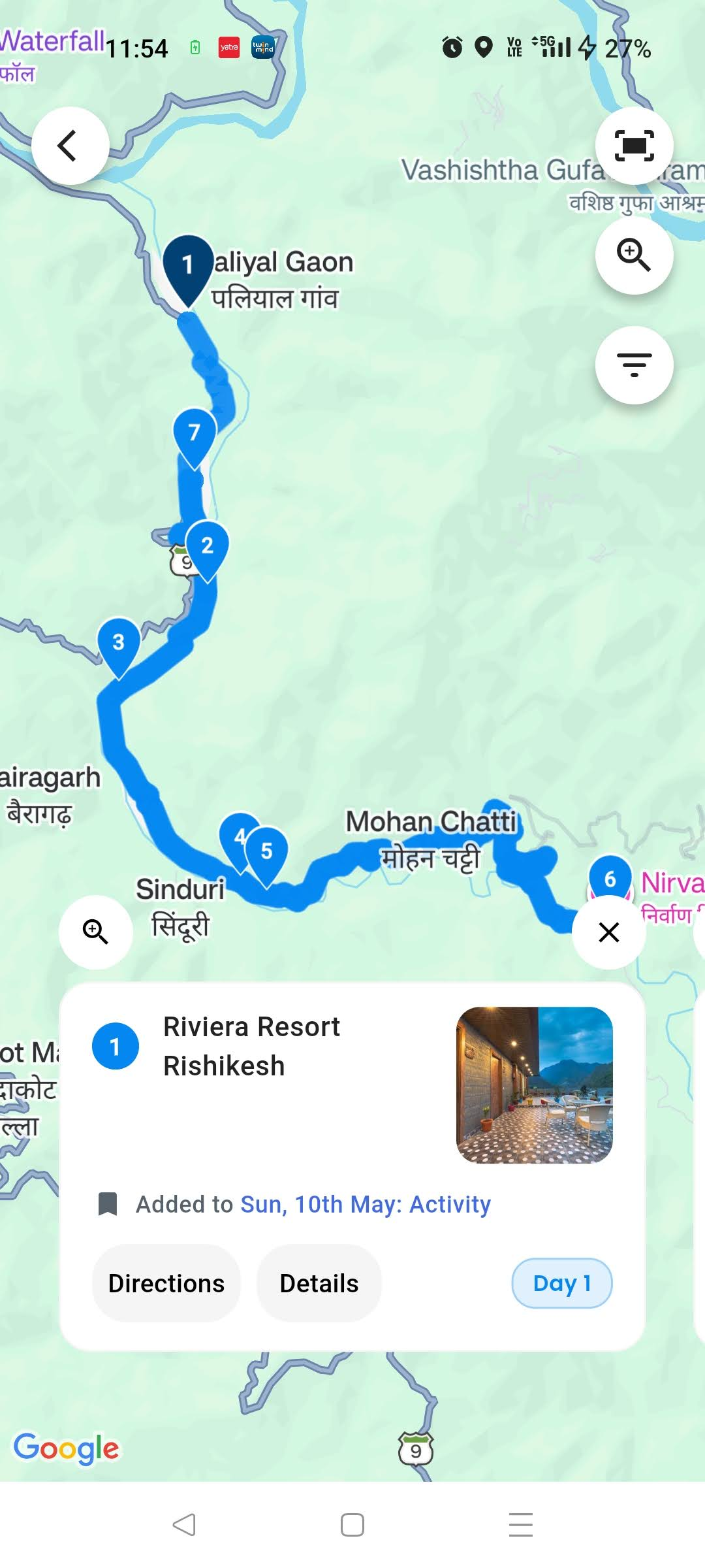 Getaway Route Optimization map with numbered stops and a route detail card